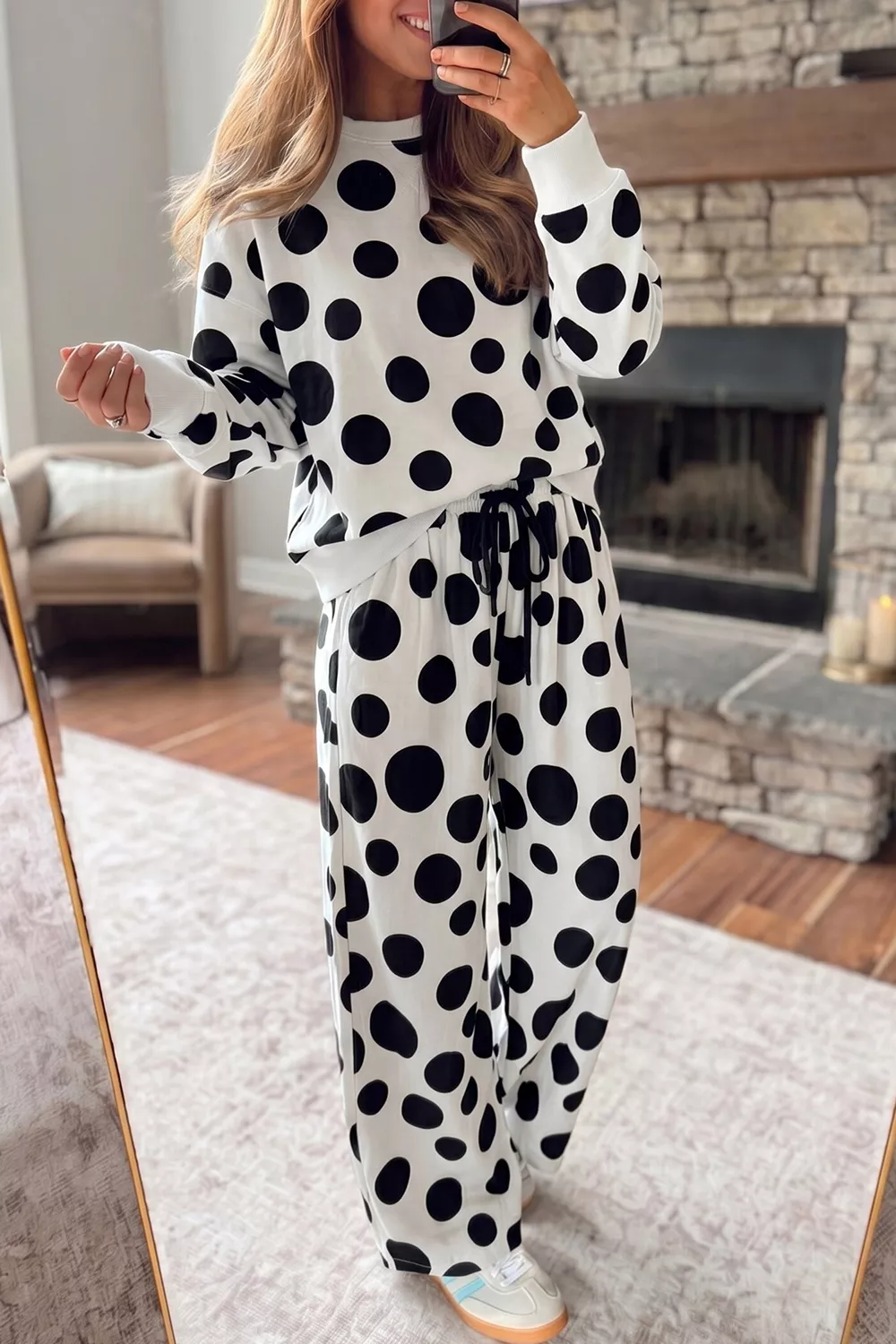 Polka Dot Print Long Sleeve Top and Wide Leg Pants Set