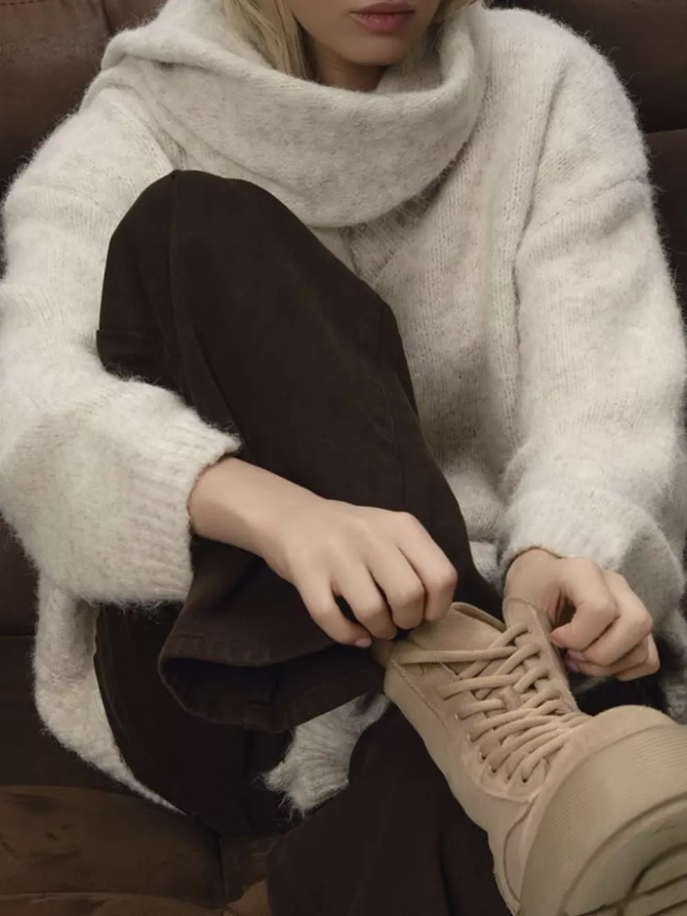Oversized V-Neck Dropped Shoulder Sweater with Scarf, image 7