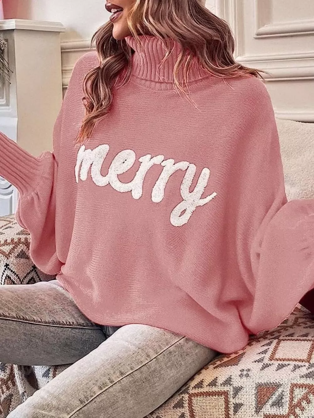 Merry Turtleneck Long Sleeve Christmas Sweater, image 13