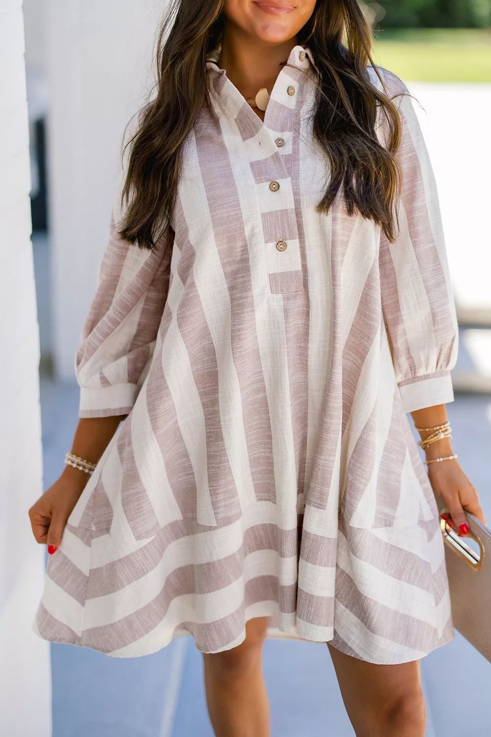 Striped Button-Up Three-Quarter Sleeve Shift Dress, image 3