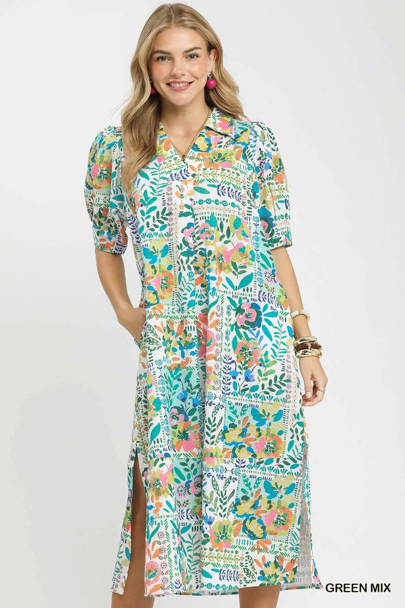 Folk Print Midi Dress with Side Pockets