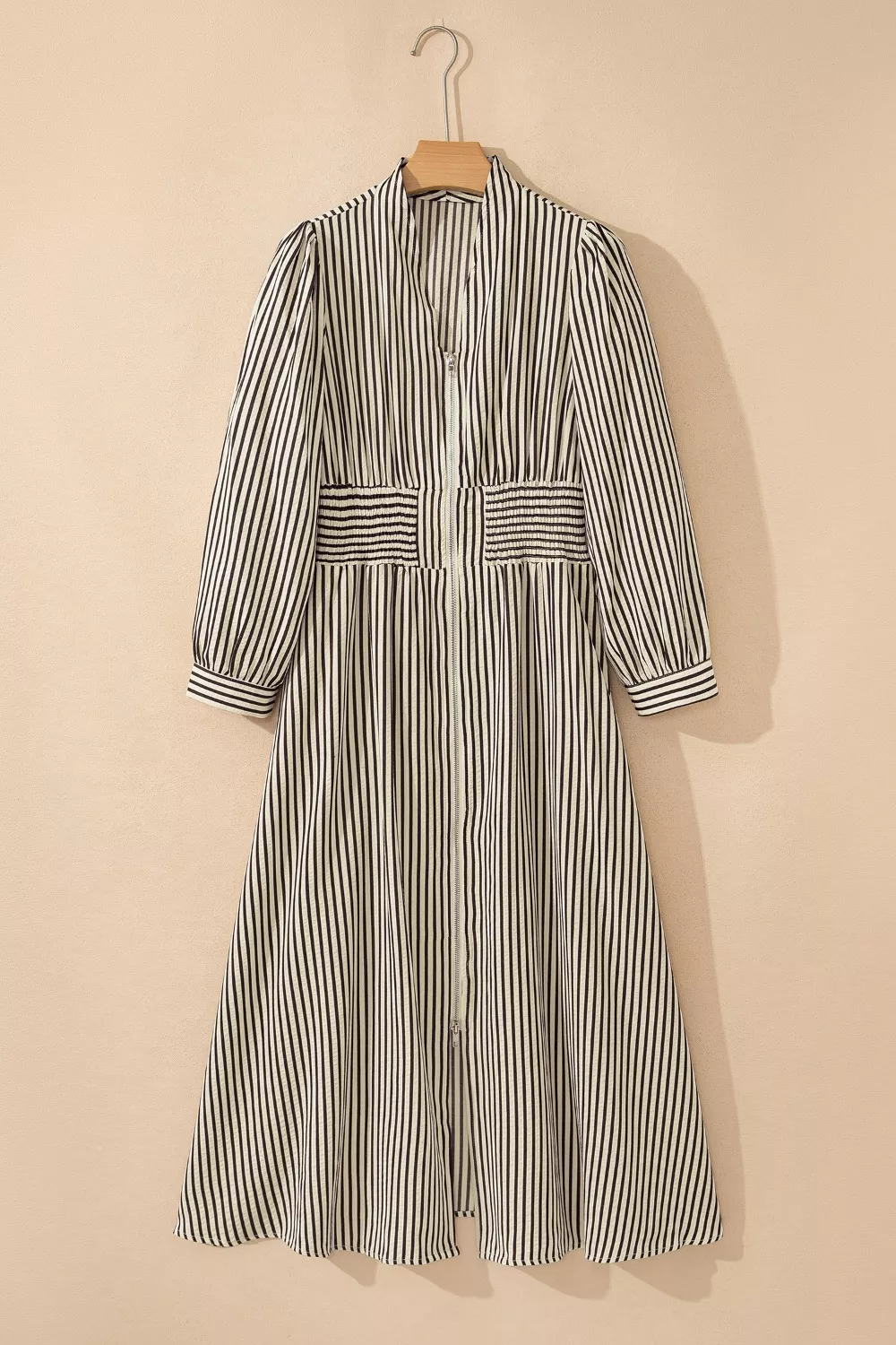 Stripe V Neck Zip Front Cinched High Waist Midi Dress, image 10