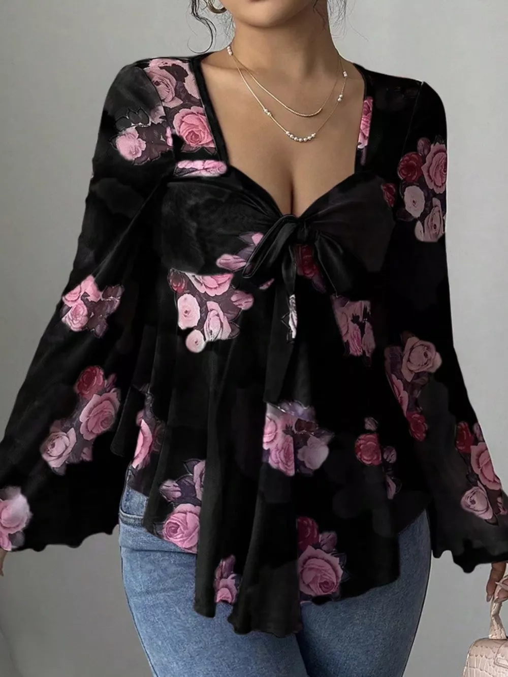 Floral Print Tie Front Flare Sleeve Blouse, image 6