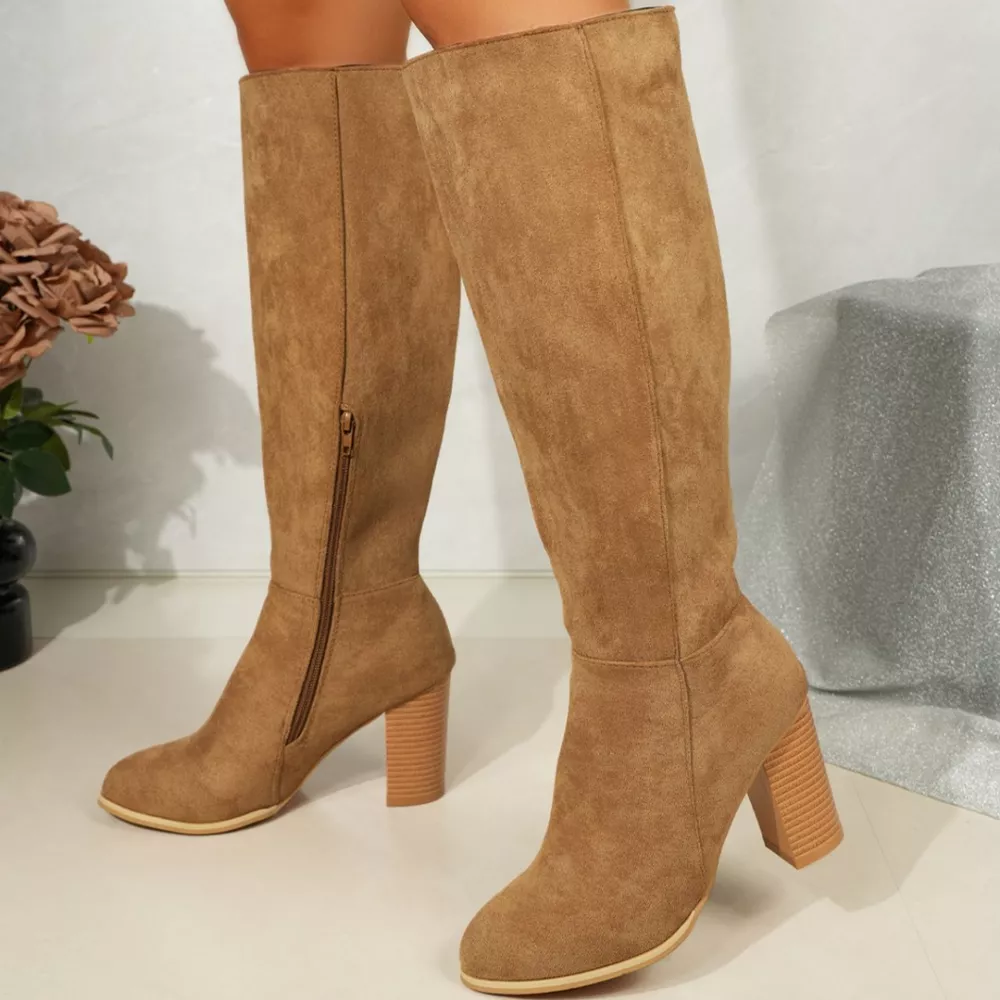 Point Toe Knee-High Suede Block Heel Boots, image 12