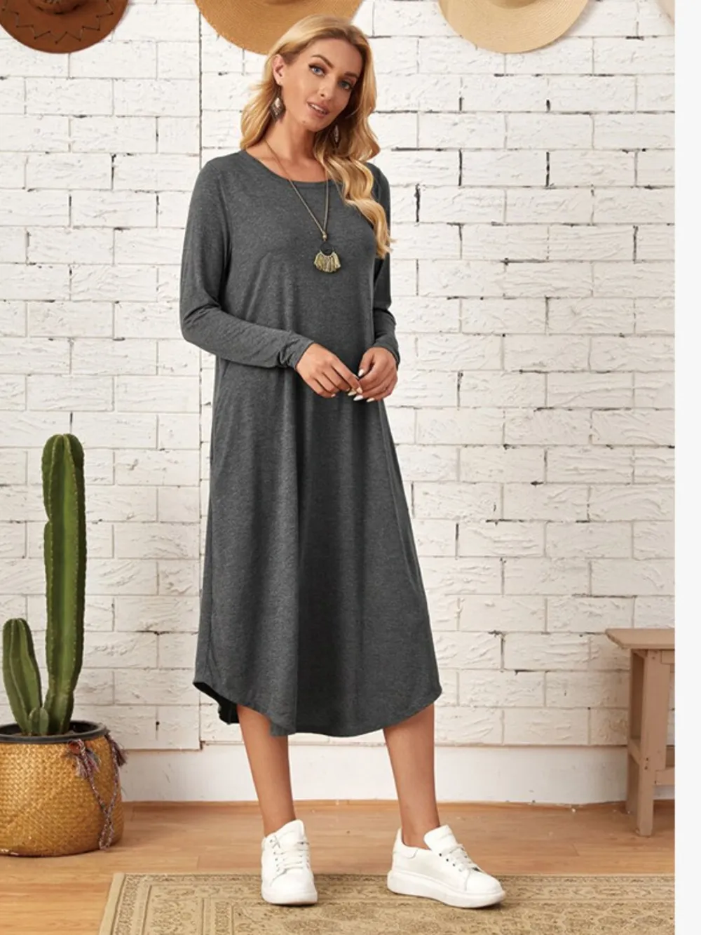 Pocketed Round Neck Long Sleeve Tee Dress, image 13