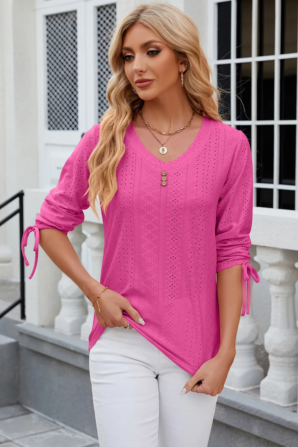 Eyelet Drawstring V-Neck Half Sleeve T-Shirt, image 18