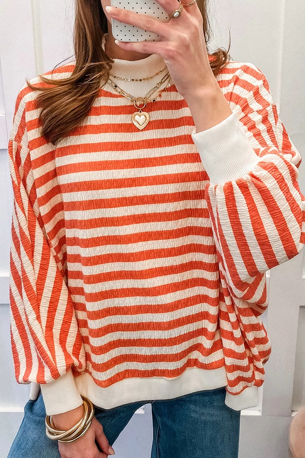 Striped Textured Stand Neck Oversized Long Sleeve Top, image 3