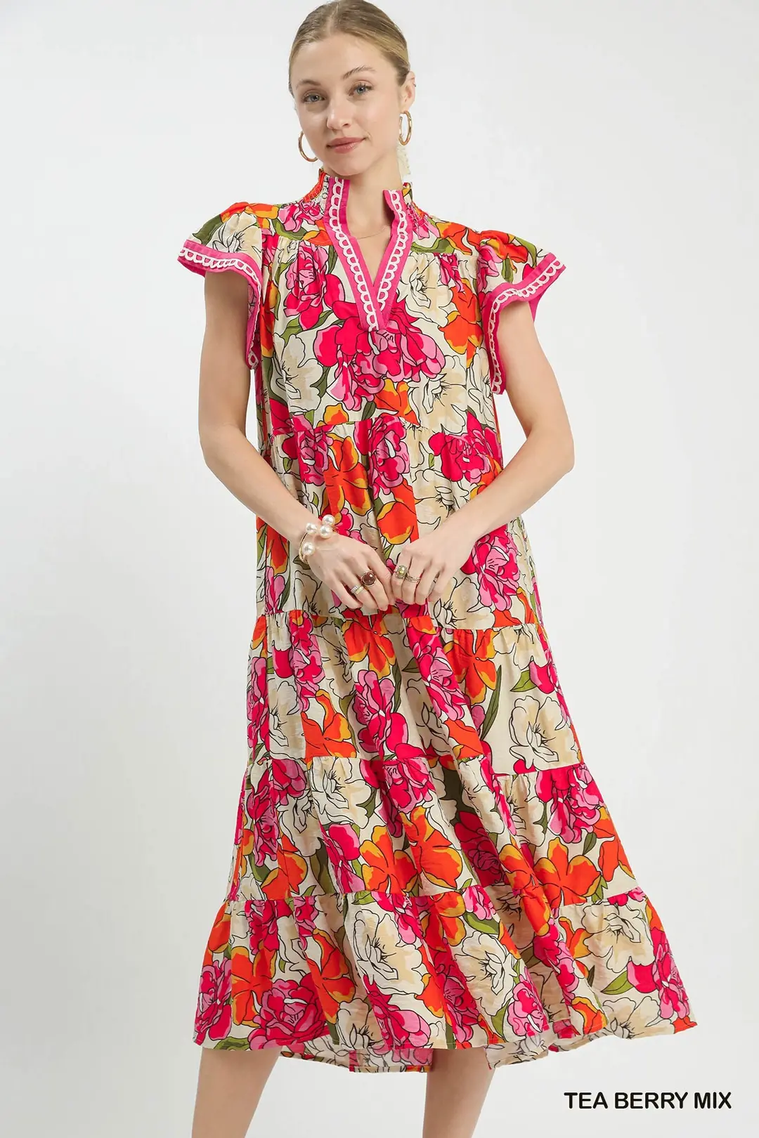 Mix Bold Floral Tiered Midi Dress