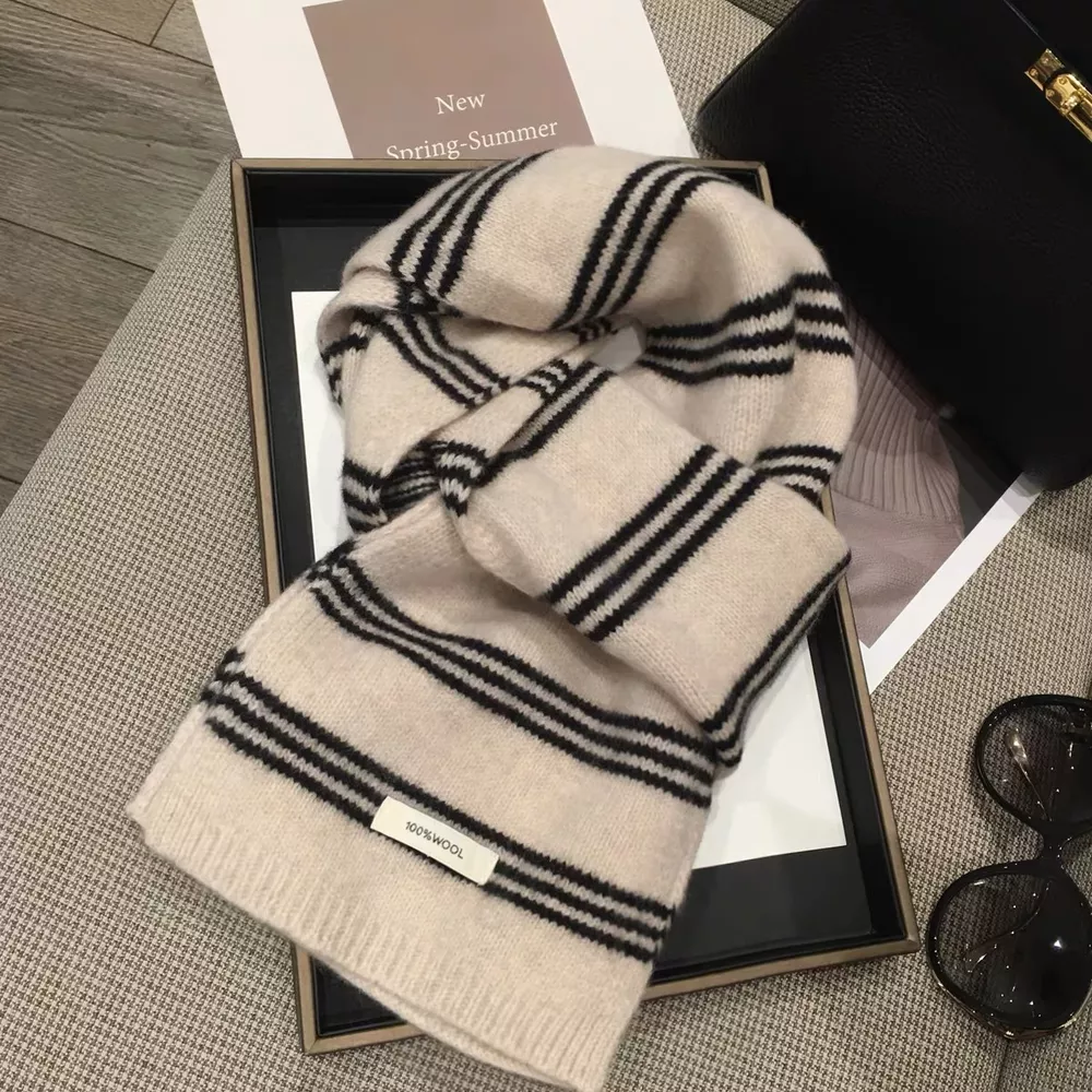 Wool Striped Contrast Knit Warm Scarf, image 4
