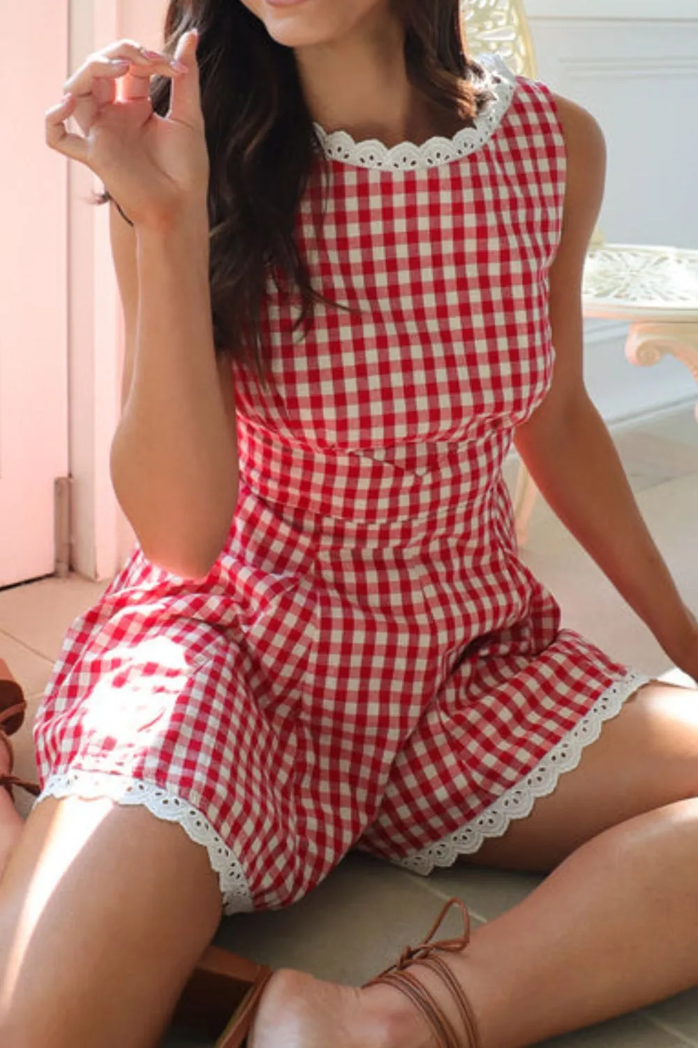 Lace Detail Plaid Sleeveless Romper, image 16