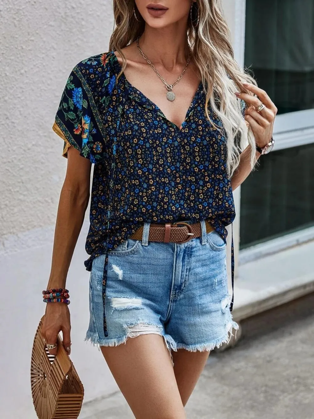 Printed Tie Neck Short Sleeve Blouse, image 11