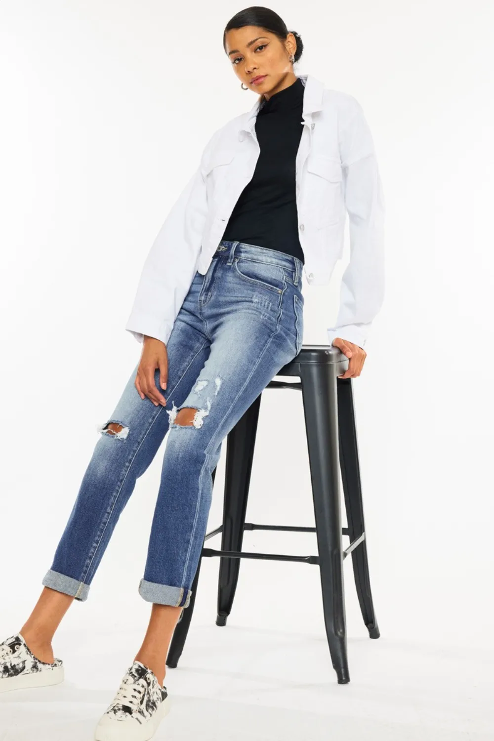 High Waist Distressed Hem Detail Cropped Straight Jeans, image 7