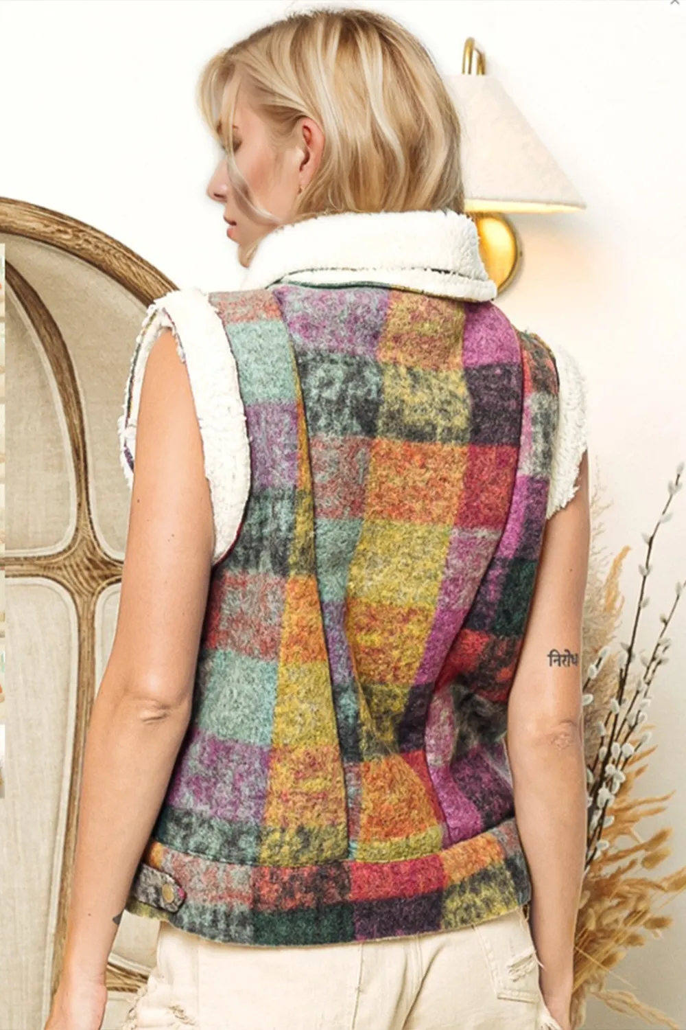Full Size Snap Down Plaid Fleece Vest Coat with Pockets, image 3
