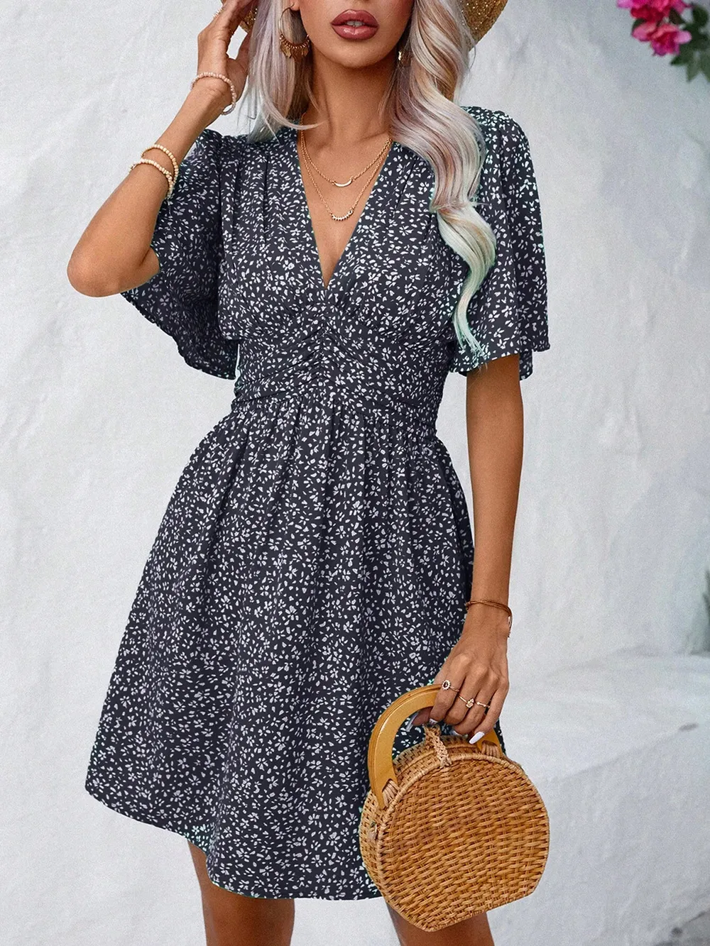 Printed V-Neck Half Sleeve Mini Dress, image 27