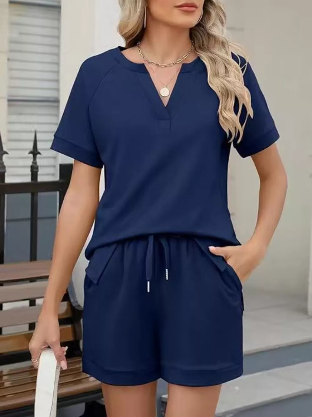 Solid Color Short Sleeve Top and Shorts Two-Piece Set, image 4