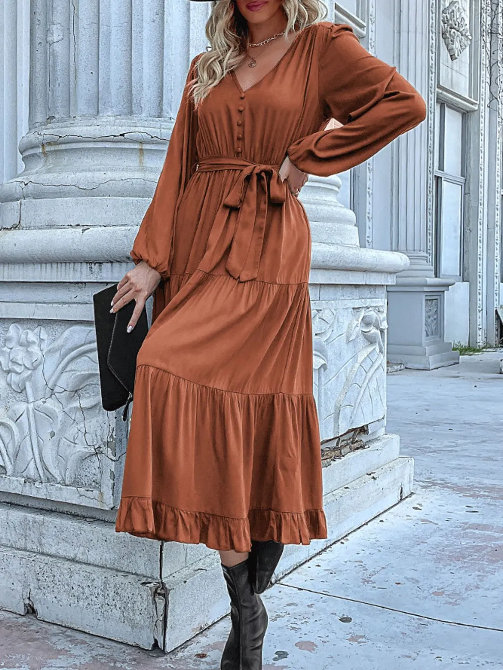 Ruffled Hem V-Neck Balloon Sleeve Dress, image 24