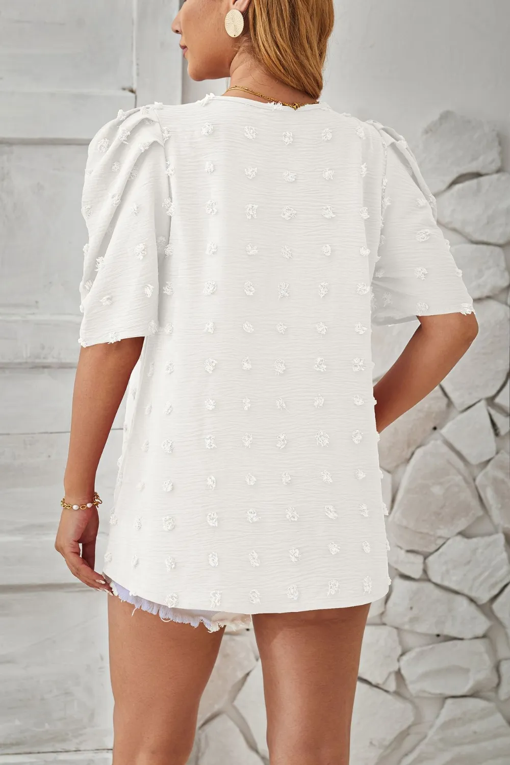 Swiss Dot Round Neck Short Sleeve Blouse, image 16