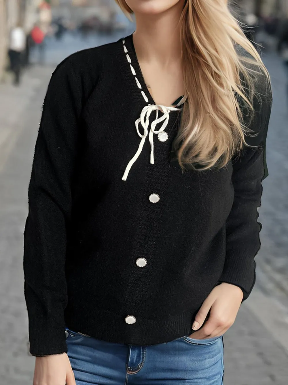 Tied V-Neck Long Sleeve Sweater, image 15