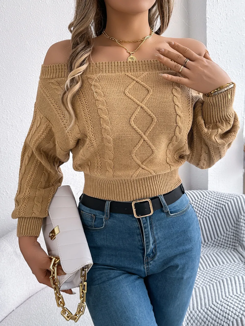 Cable Knit Off-Shoulder Long Sleeve Sweater, image 5