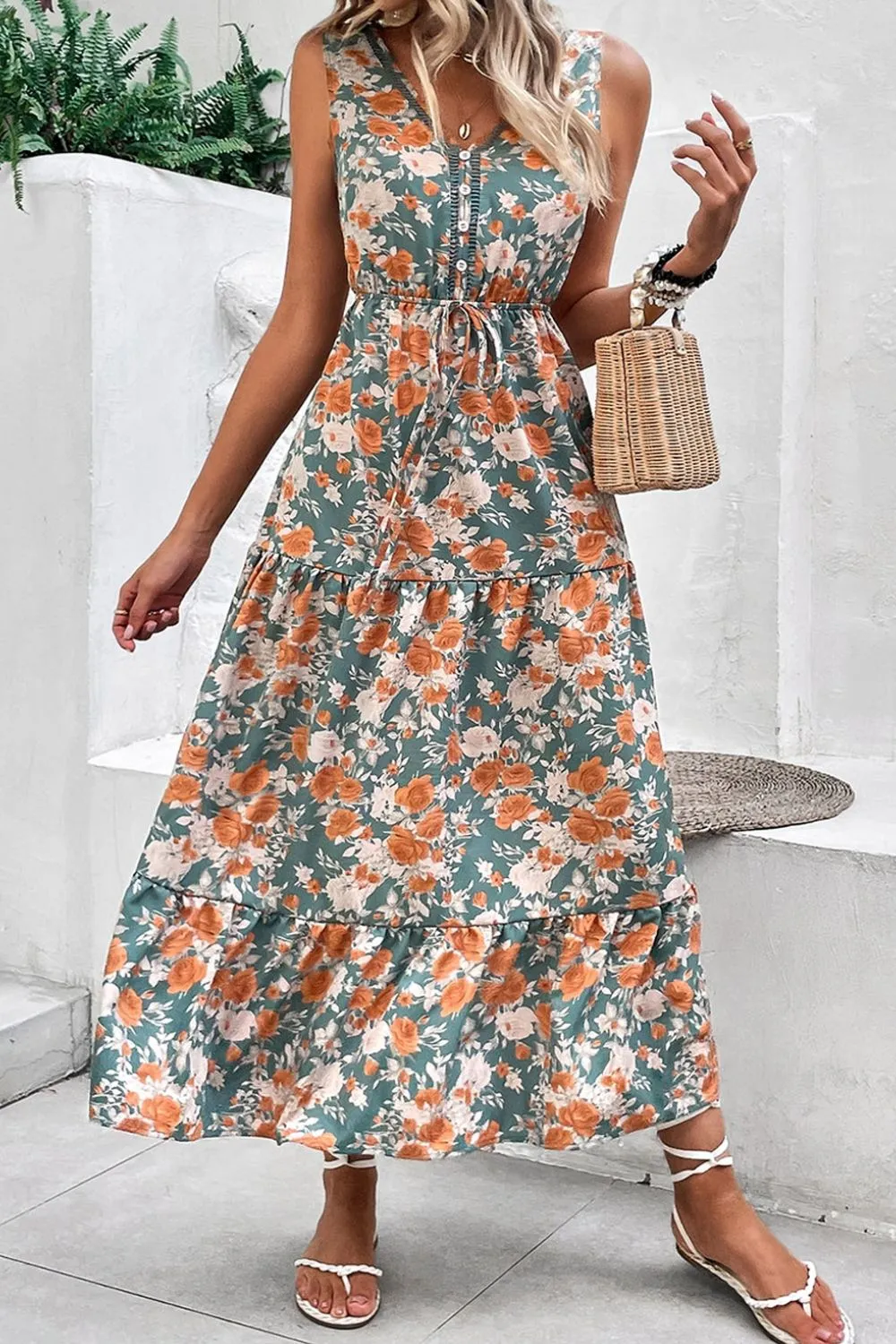 Floral Print Trimmed V Neck Tie Waist Sleeveless Dress, image 10
