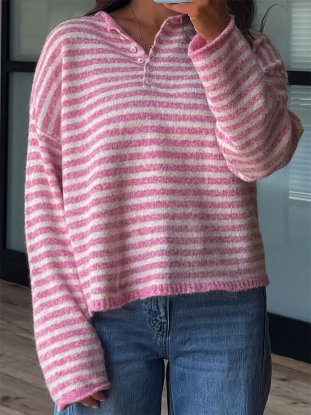 Button Detail Dropped Shoulder Striped Sweater, image 7