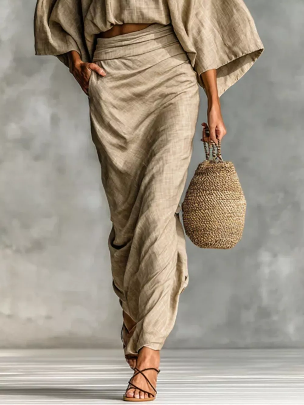 Full Size Kimono Sleeve Top and Ruched Skirt Set Plus Size, image 3