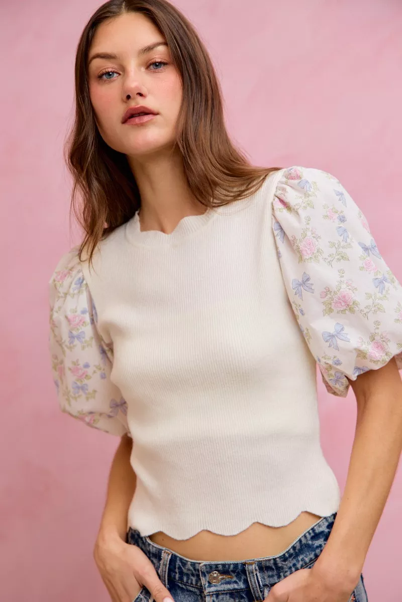 Floral Cotton Contrast Sleeves Scallop Sweater Top, image 19