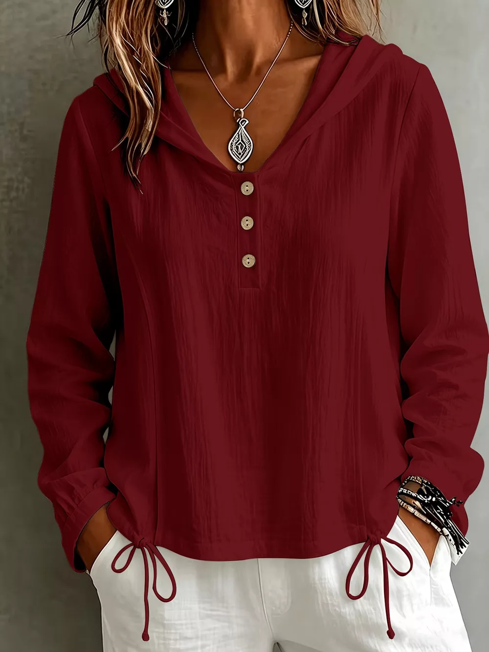 Button Detail Long Sleeve Hooded Blouse, image 10