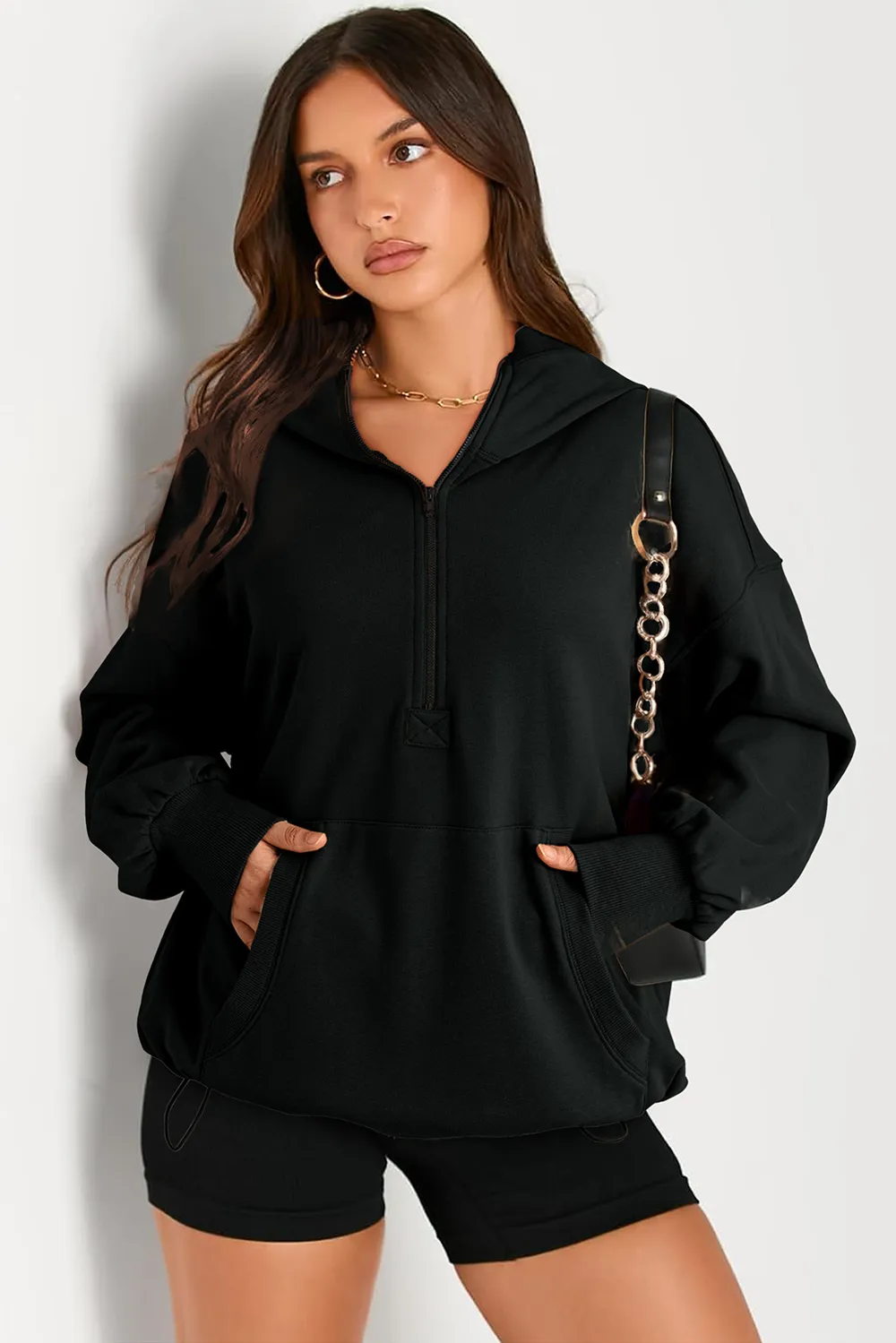 Pocketed Half Zip Long Sleeve Hoodie, image 25