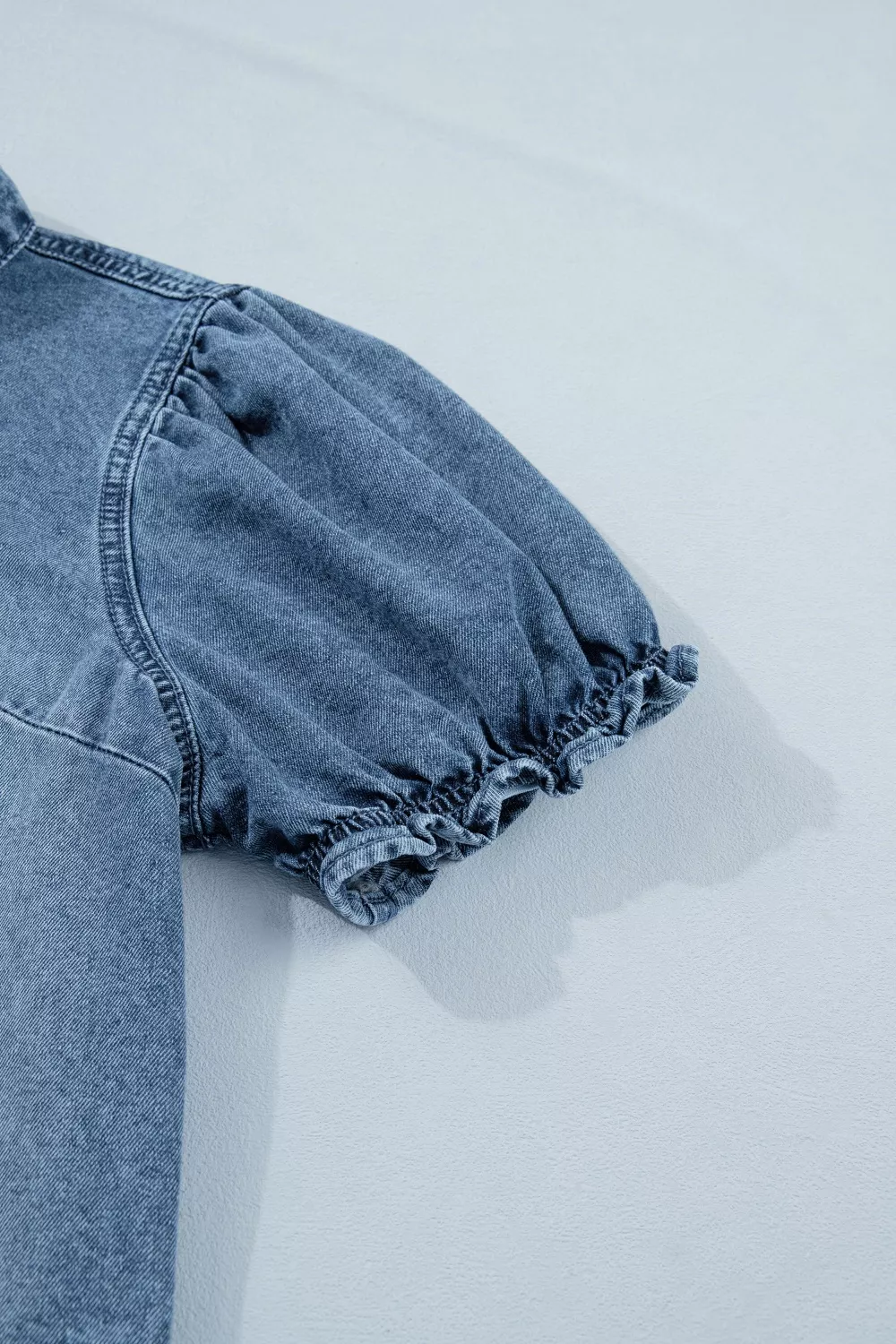 Frilled Short Sleeve Snap Button Denim Shirt, image 8