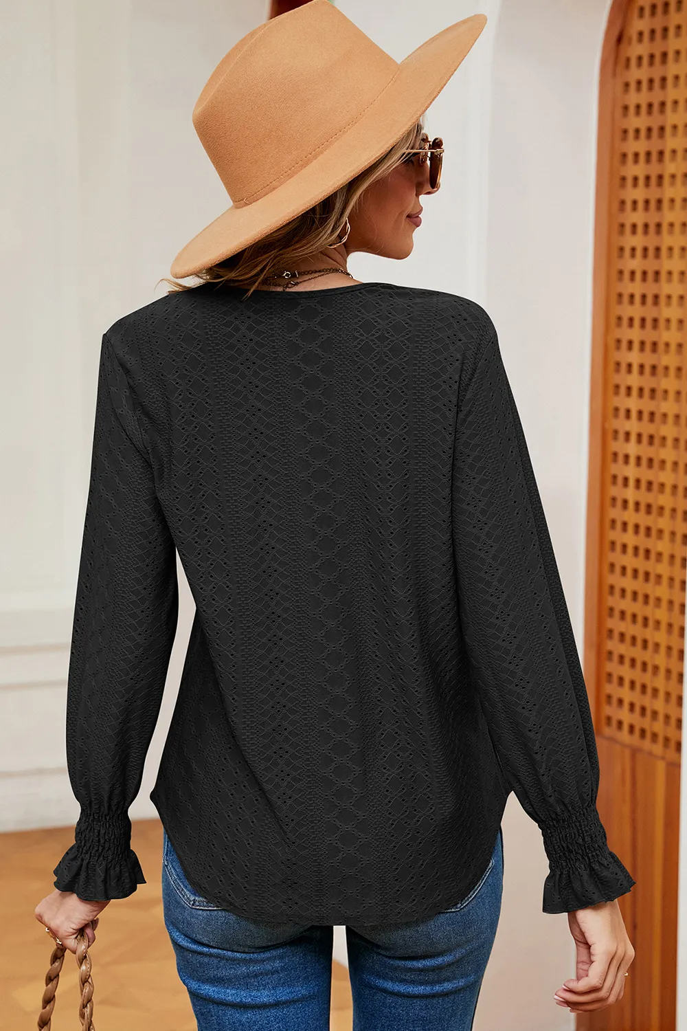 Eyelet V-Neck Flounce Sleeve T-Shirt, image 9