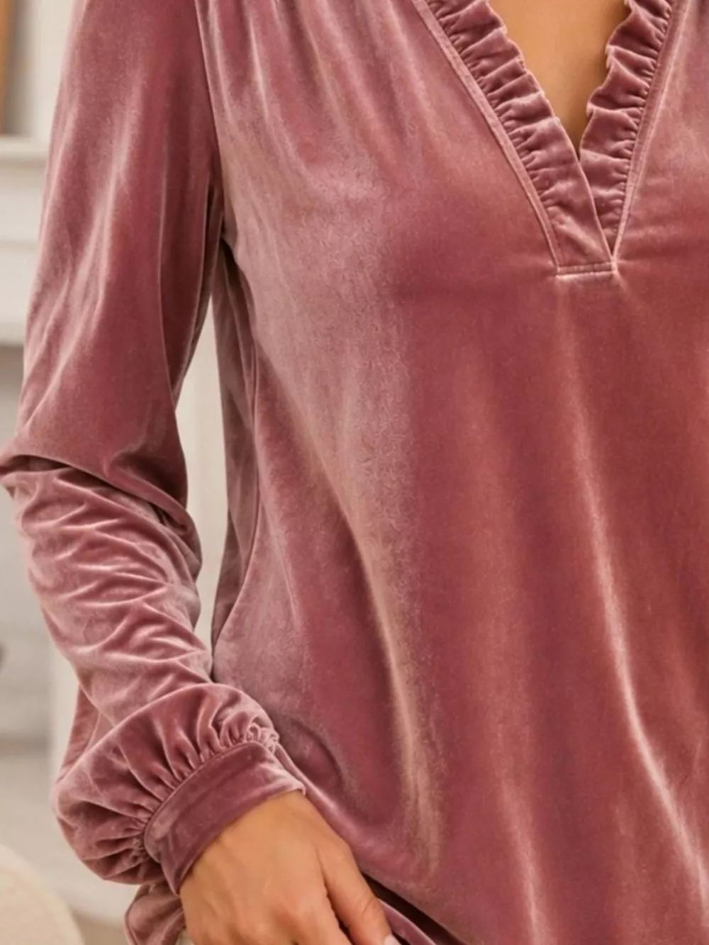 V-Neck Ruffle Trim Velvet Blouse, image 6