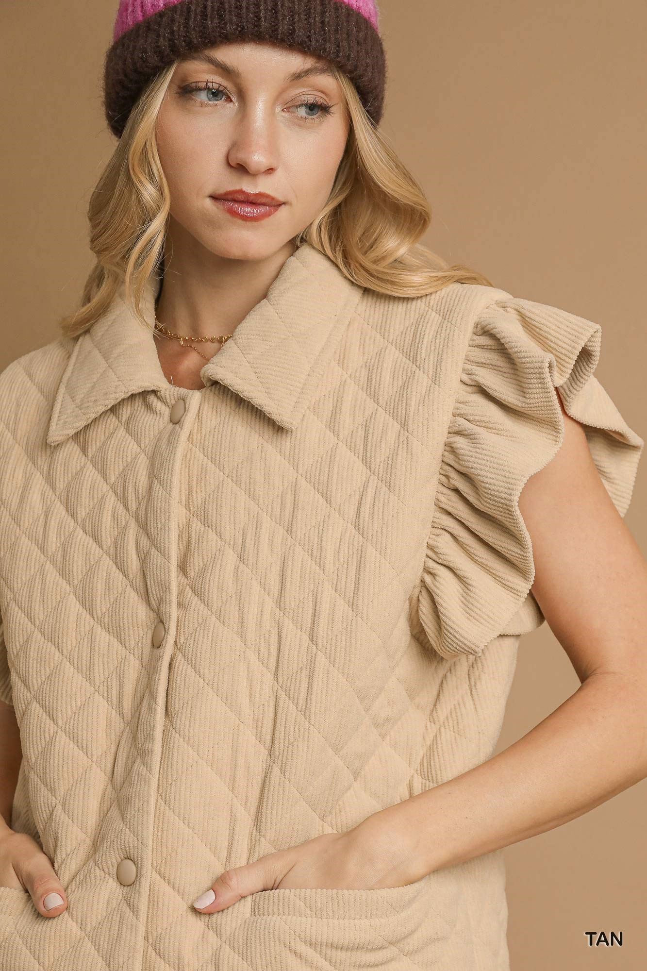 Corduroy Quilted Ruffle Sleeve Vest, image 5