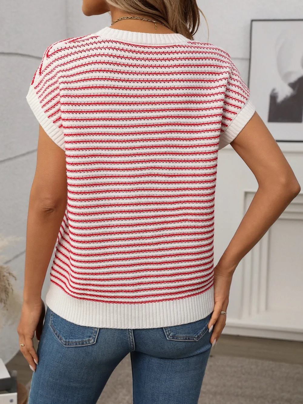 Striped Round Neck Short Sleeve Knit Top, image 16