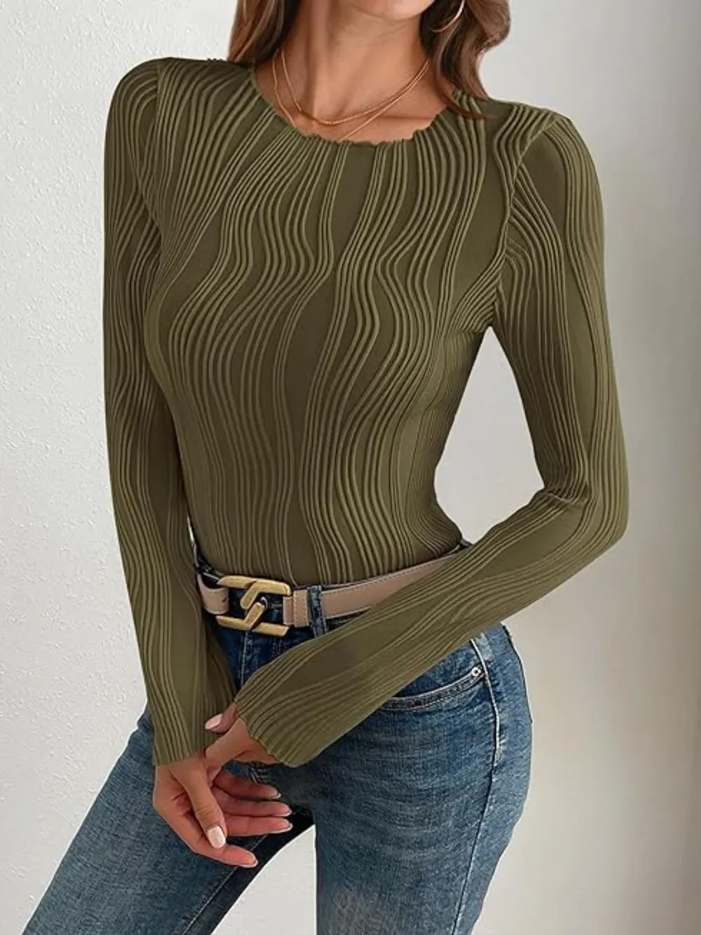 Textured Round Neck Long Sleeve Top, image 14