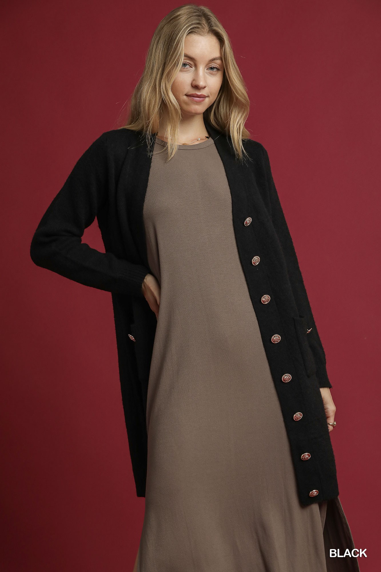 Button-Down Longline Sweater Cardigan with Front Pockets