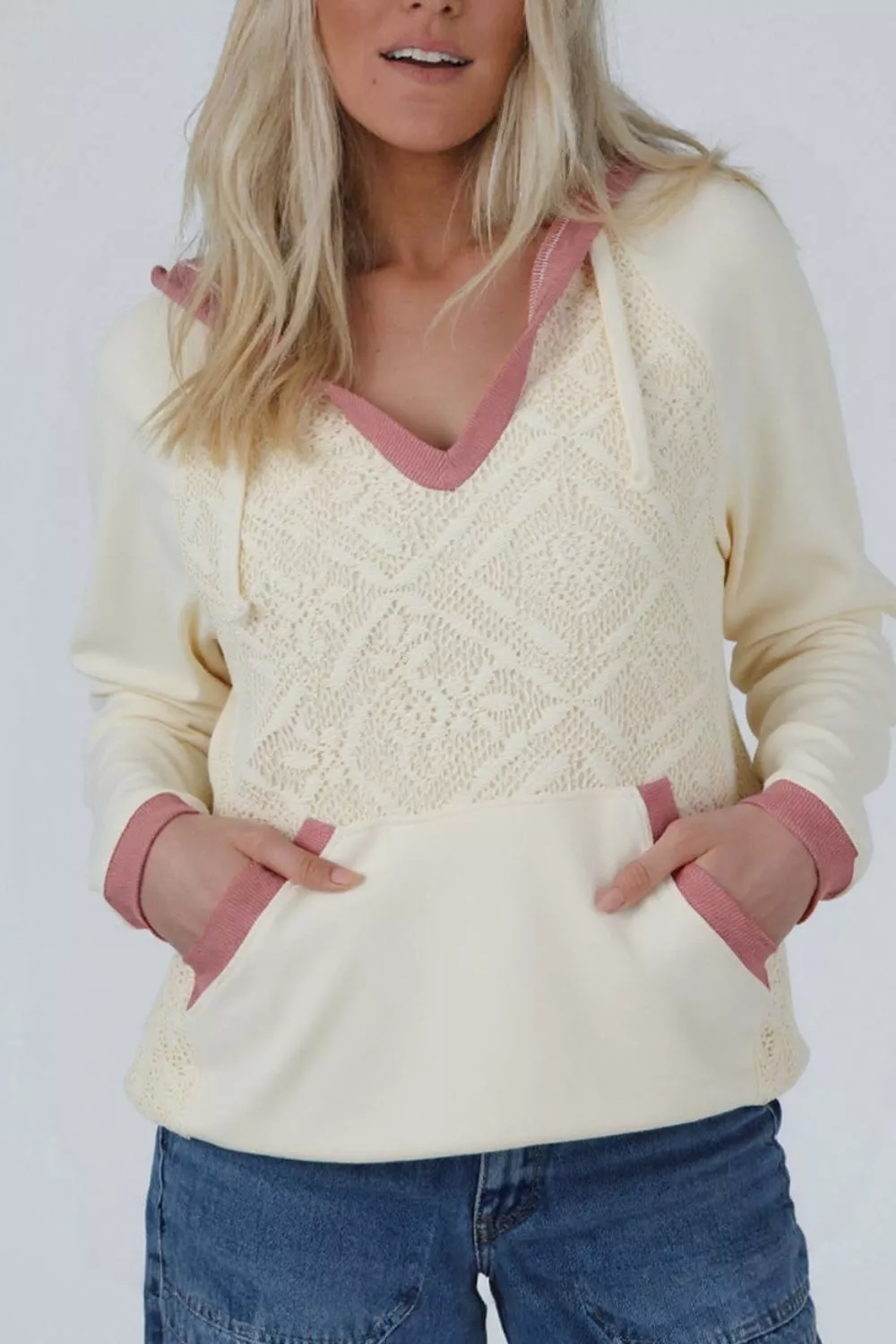 Crochet Knit Contrast Trim Hoodie, image 2