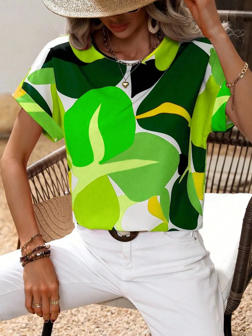 Contrast Round Neck Short Sleeve Blouse, image 10