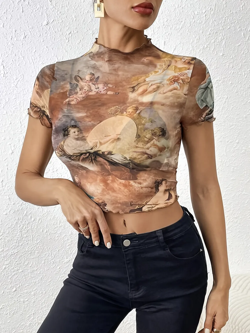 Abstract Print Ruffled Mock Neck Crop T-Shirt, image 19