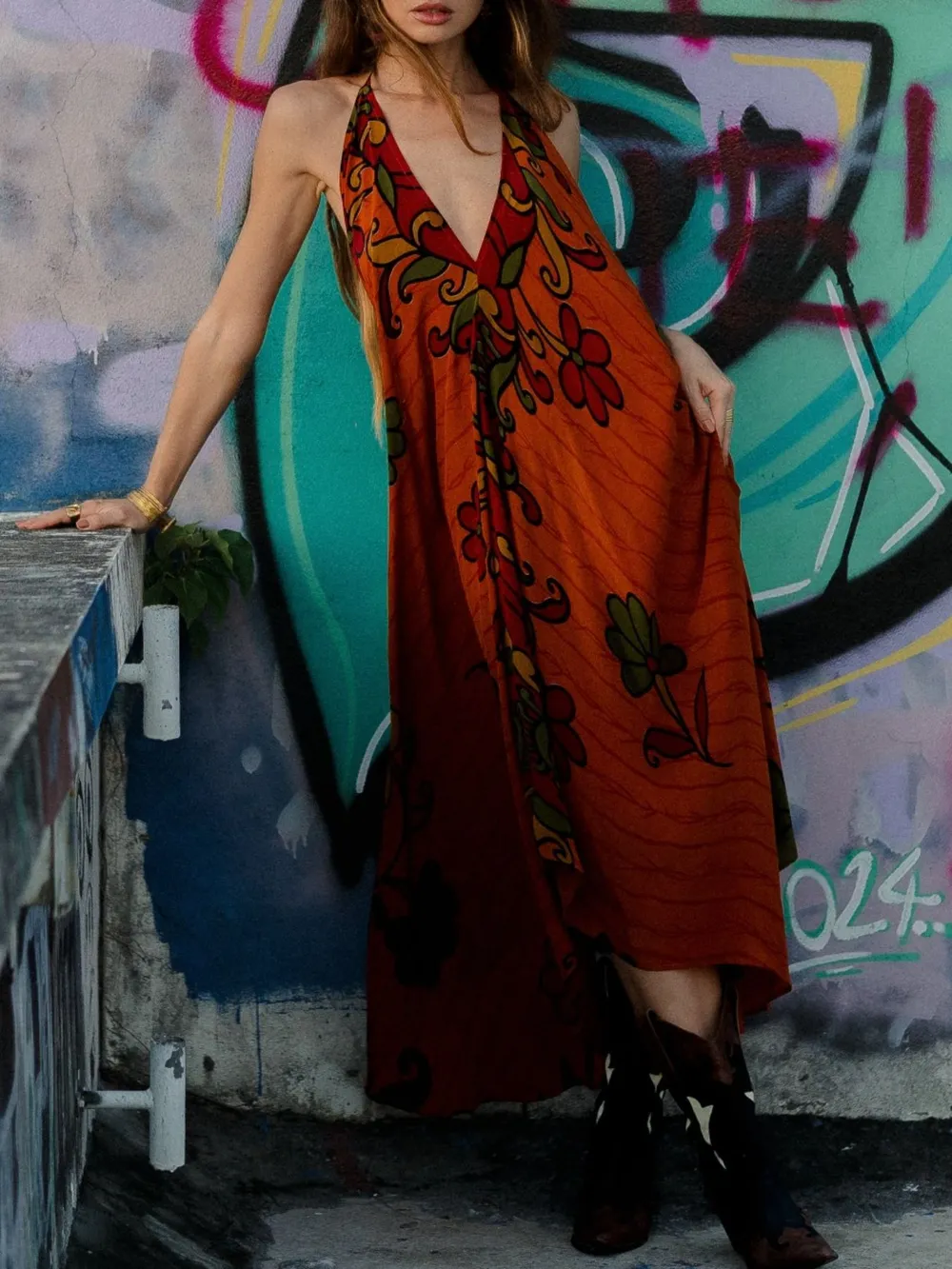 Asymmetrical Hem Printed Halter Neck Dress, image 19