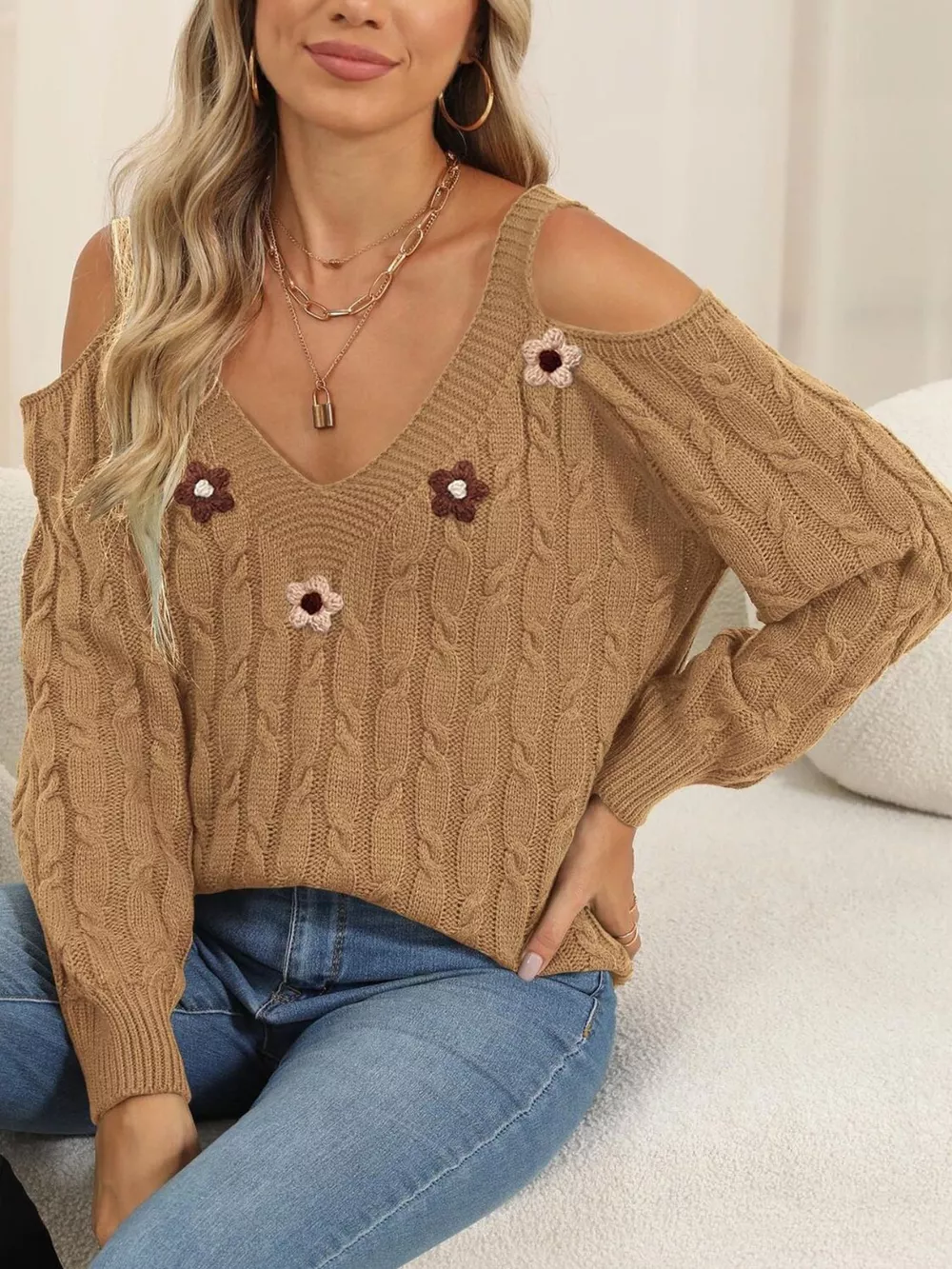 Floral Applique Cold Shoulder Cable Knit Sweater, image 7