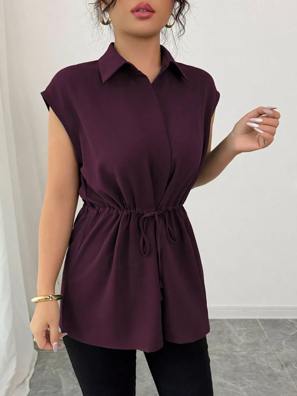 Drawstring Waist Cap Sleeve Shirt, image 23