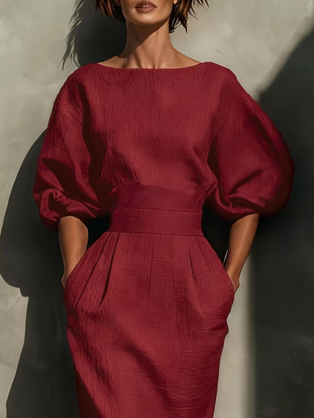 Round Neck Puff Sleeves Midi Dress, image 4