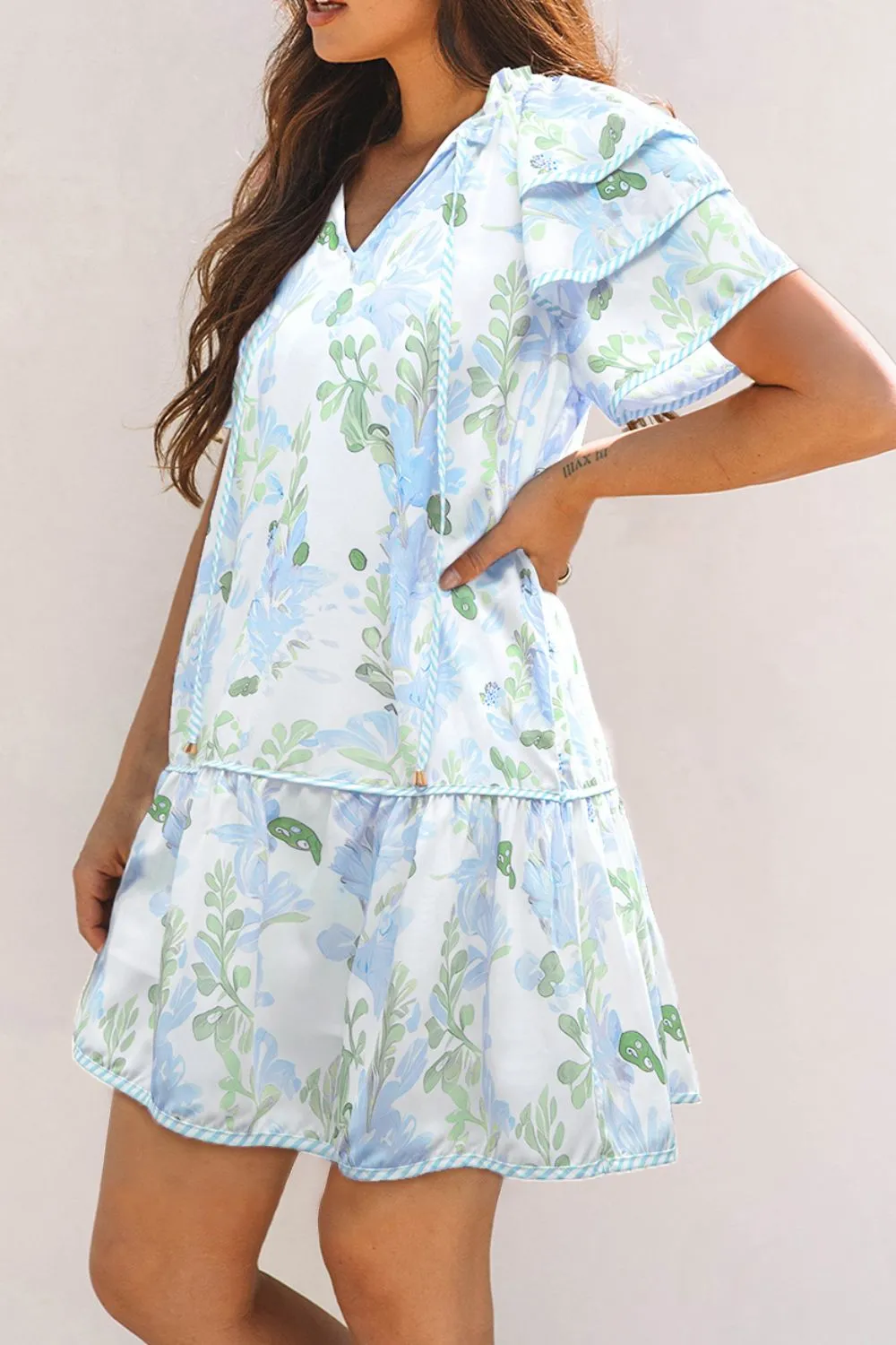 Floral Contrast Edge Layered Short Sleeve Mini Dress, image 18