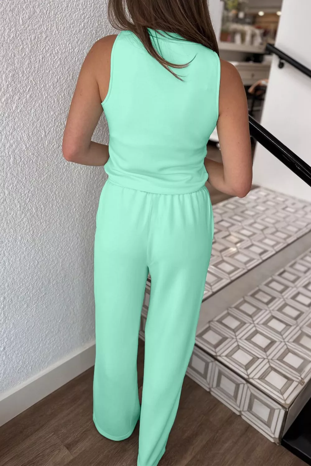 Drawstring Elastic Waistband Solid Color Two Piece Casual Set, image 2
