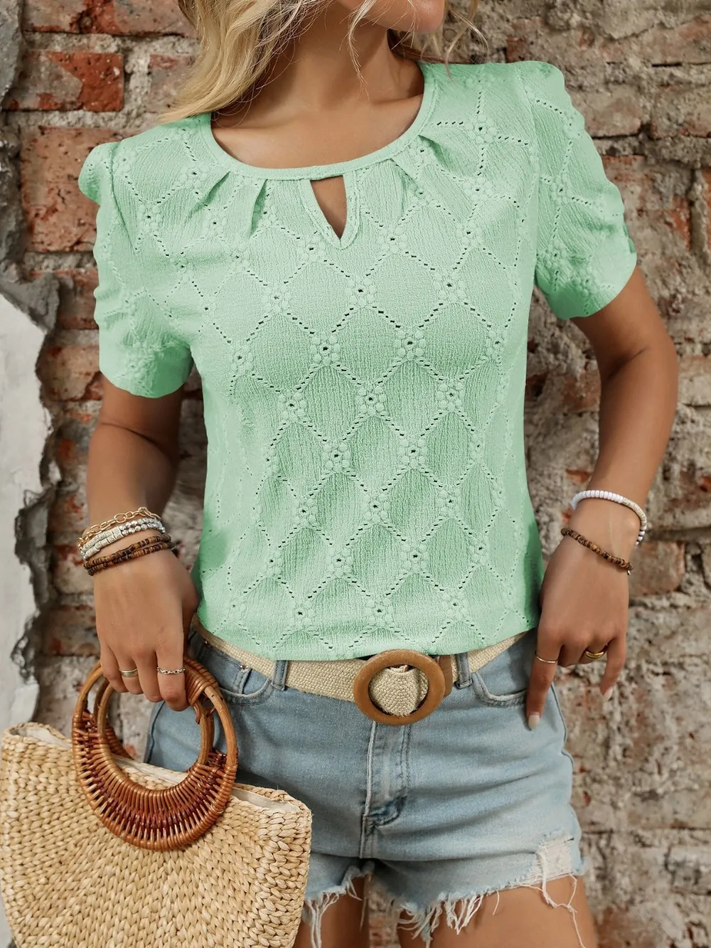 Eyelet Round Neck Short Sleeve Top, image 18