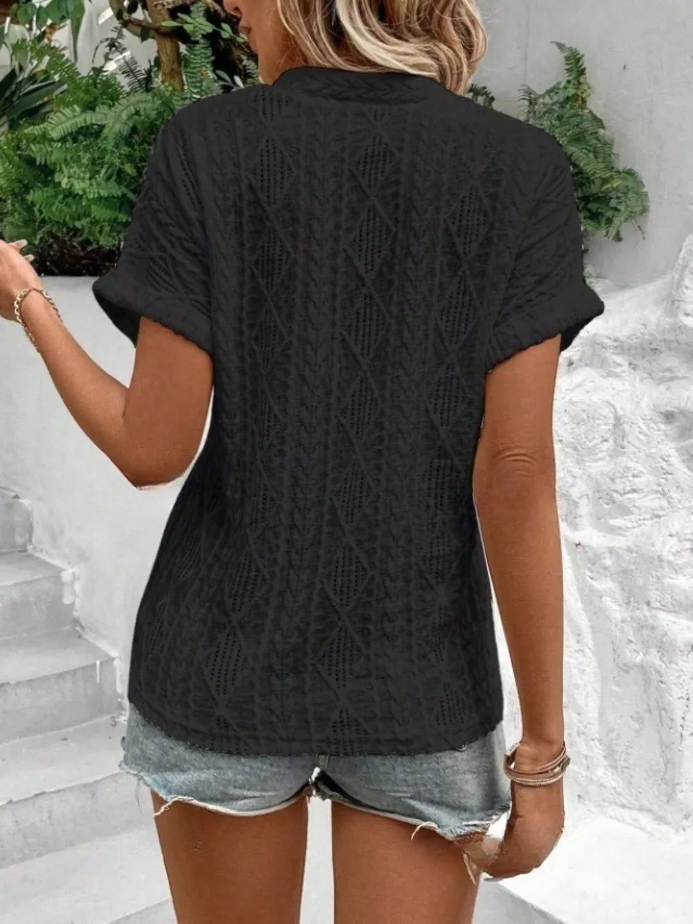 Openwork Notched Short Sleeve Blouse, image 15