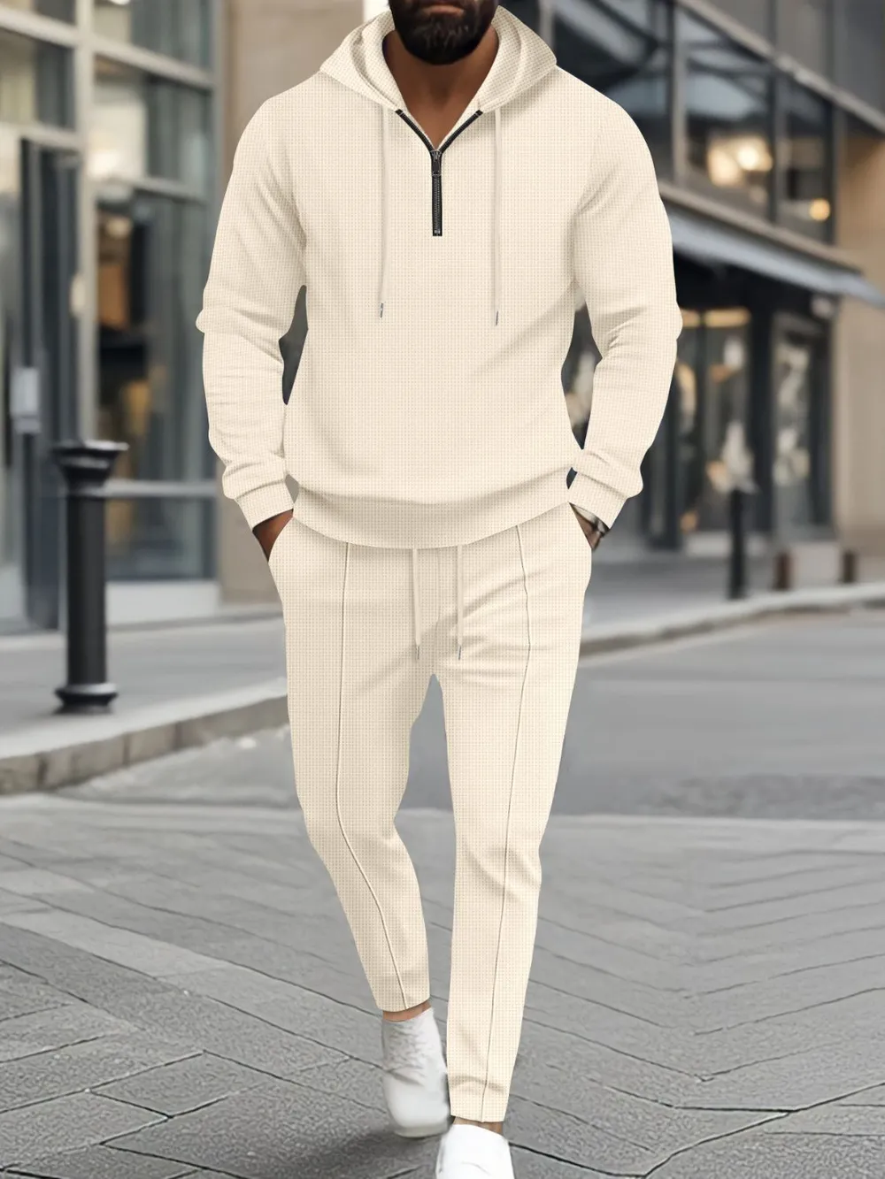 Men's Full Size Waffle-Knit Half Zipper Hoodie and Pants Set Plus Size