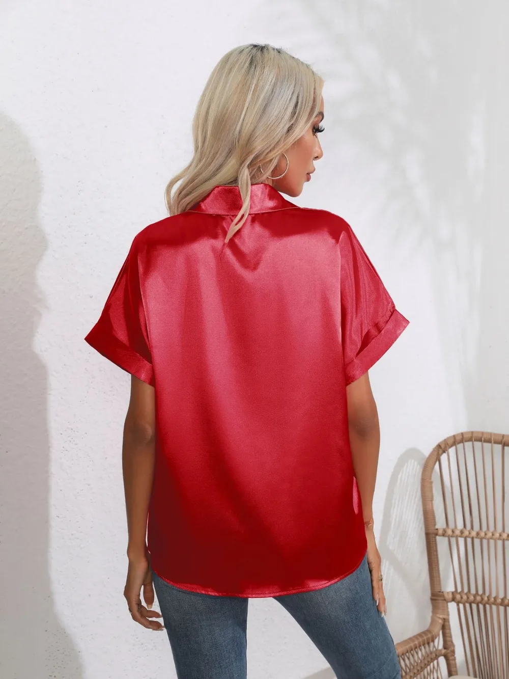 Button Down Collared Neck Short Sleeve Satin Shirt, image 33
