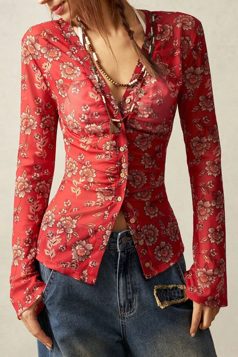 Floral Button-Front Shirt with Bell Sleeves, image 7